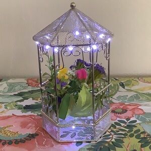 Decorative Silver Metal Gazebo With Silk Flowers And Fairy Lights
